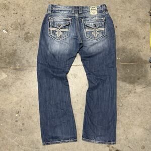 Men's Vintage Baggy Y2K Light Wash Rock Revival Embroidered Jeans Size 38x33